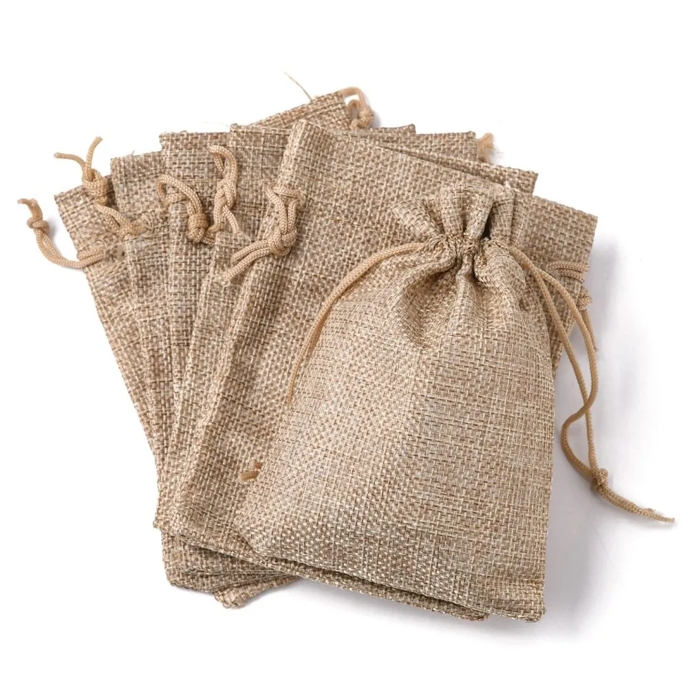 100 pc Polyester Imitation Burlap Packing Pouches Drawstring Bags, Tan, 13.5x9.5cm