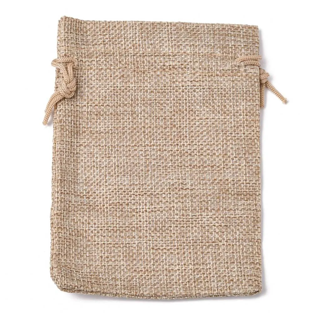 100 pc Polyester Imitation Burlap Packing Pouches Drawstring Bags, Tan, 13.5x9.5cm