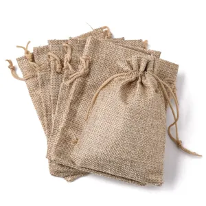 100 pc Polyester Imitation Burlap Packing Pouches Drawstring Bags, Tan, 13.5x9.5cm