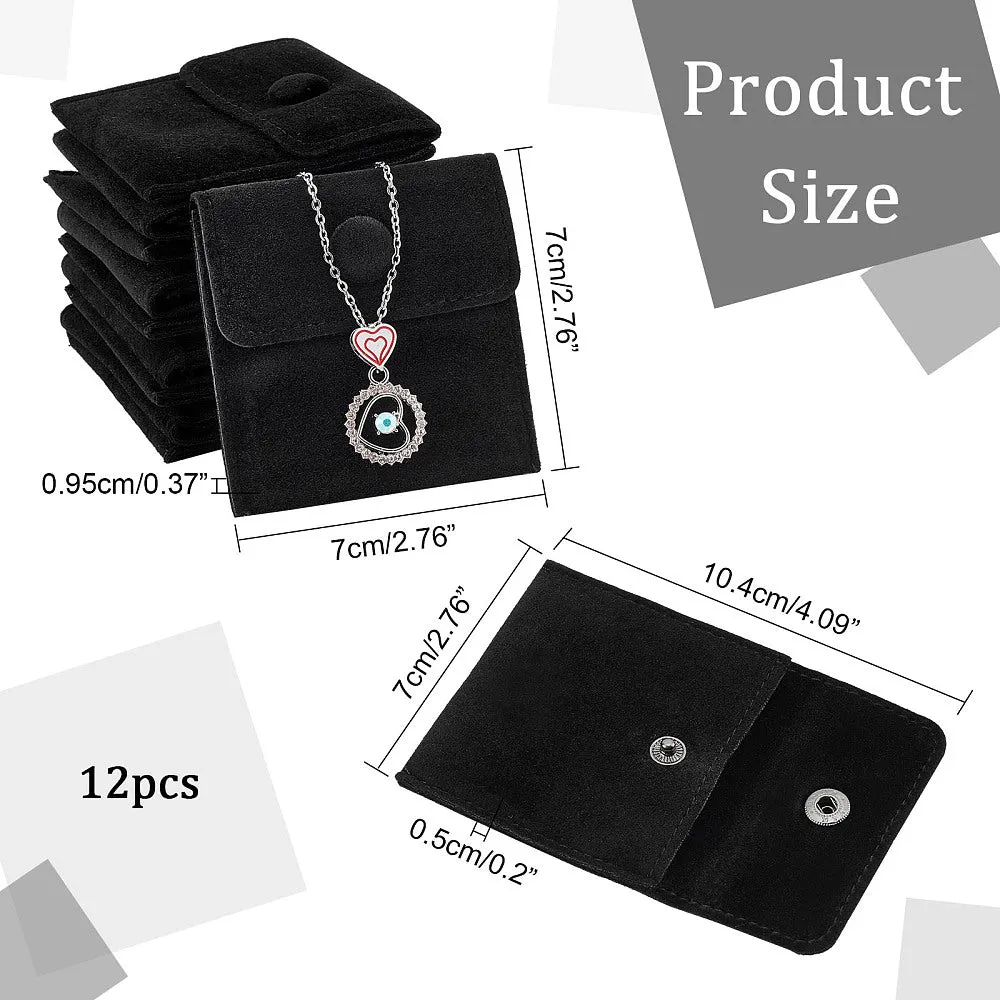 12 pc 12 Pcs Velvet Jewelry Pouches with Snap Button, Black Velvet Jewelry Storage Bags Luxury Gift Bag for Candy Gift and Jewelry Necklace Bracelet Packing, 7x7cm
