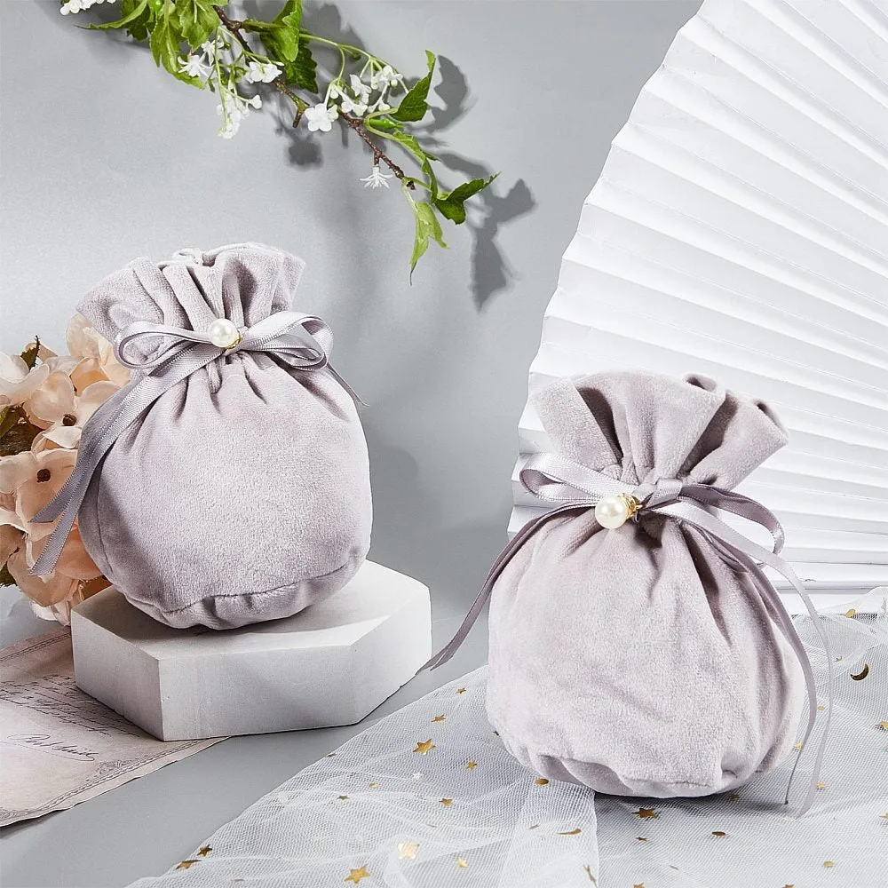12 pc Velvet Jewelry Bags with Drawstring & Plastic Imitation Pearl, Velvet Cloth Gift Pouches, Gray, 13.2x14x0.4cm