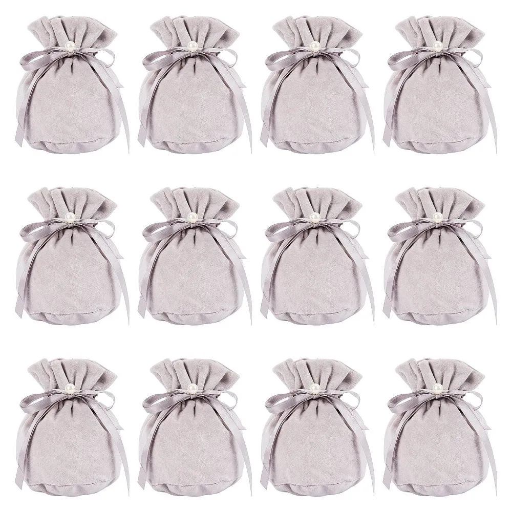 12 pc Velvet Jewelry Bags with Drawstring & Plastic Imitation Pearl, Velvet Cloth Gift Pouches, Gray, 13.2x14x0.4cm
