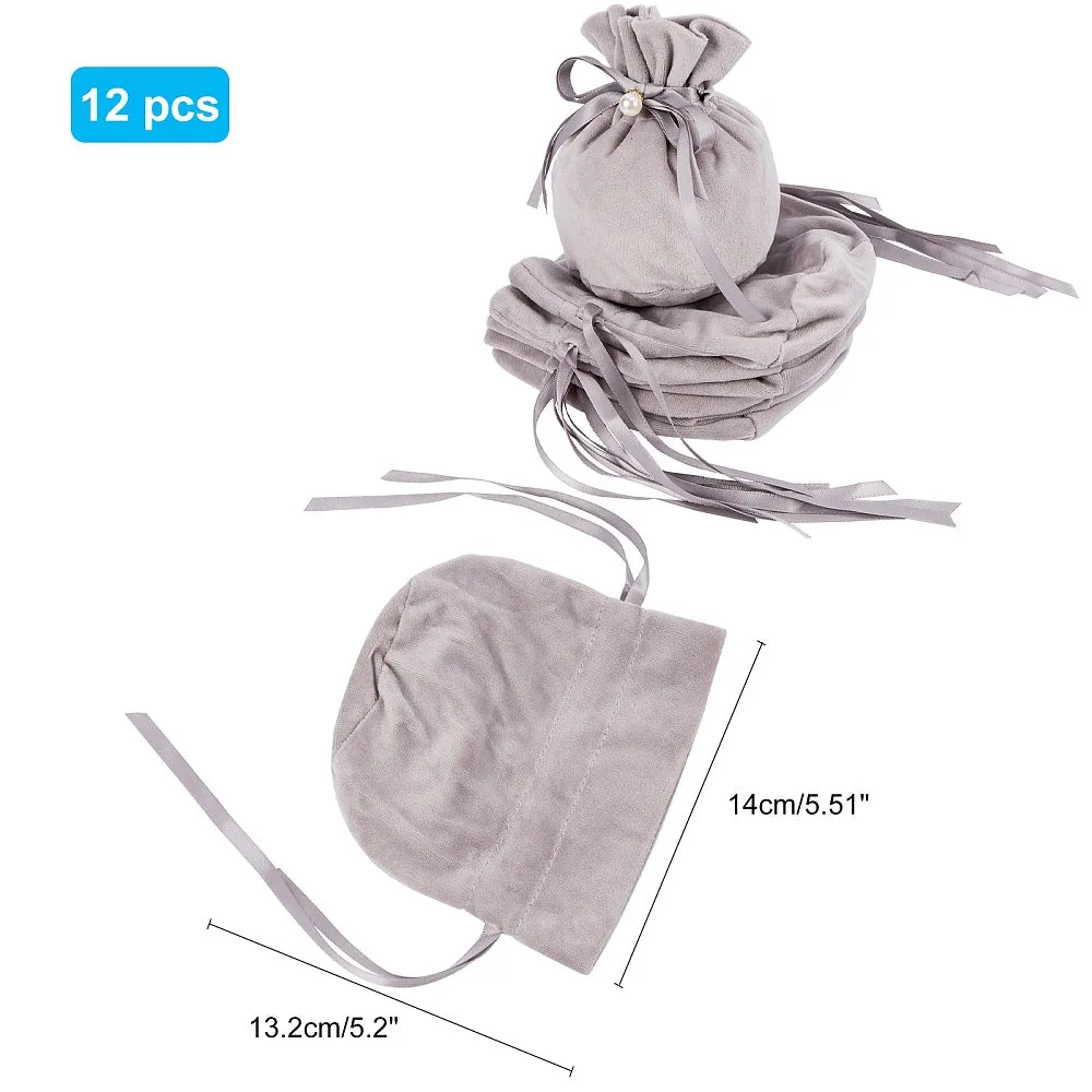 12 pc Velvet Jewelry Bags with Drawstring & Plastic Imitation Pearl, Velvet Cloth Gift Pouches, Gray, 13.2x14x0.4cm