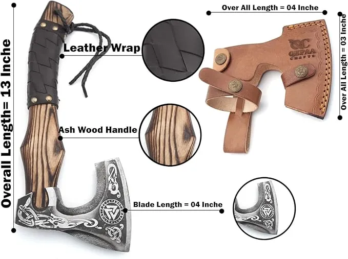 13” Inch Hand-Forged Viking Axe- Ash Wood Handle Hatchets and Axes with Leather Wrap, Wood Splitting Axe, Camping Axe, Throwing Axes and Tomahawks - Gift for Him (Valknut)