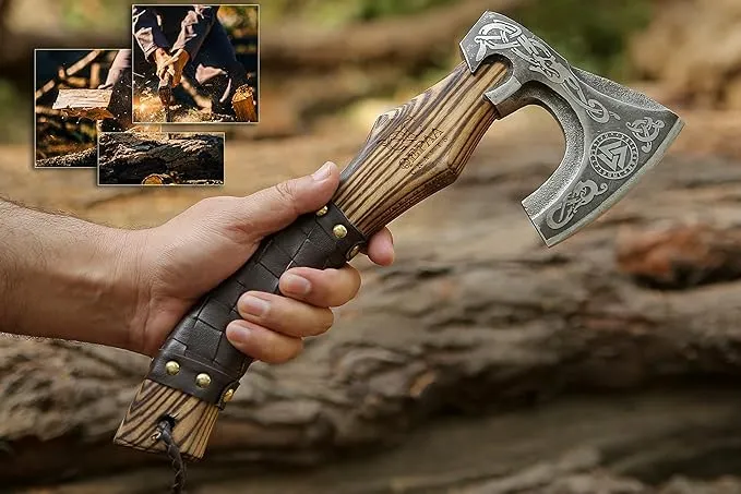 13” Inch Hand-Forged Viking Axe- Ash Wood Handle Hatchets and Axes with Leather Wrap, Wood Splitting Axe, Camping Axe, Throwing Axes and Tomahawks - Gift for Him (Valknut)