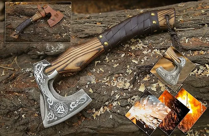 13” Inch Hand-Forged Viking Axe- Ash Wood Handle Hatchets and Axes with Leather Wrap, Wood Splitting Axe, Camping Axe, Throwing Axes and Tomahawks - Gift for Him (Valknut)