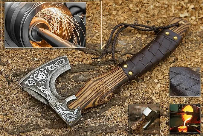 13” Inch Hand-Forged Viking Axe- Ash Wood Handle Hatchets and Axes with Leather Wrap, Wood Splitting Axe, Camping Axe, Throwing Axes and Tomahawks - Gift for Him (Valknut)