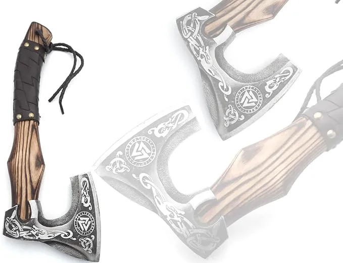13” Inch Hand-Forged Viking Axe- Ash Wood Handle Hatchets and Axes with Leather Wrap, Wood Splitting Axe, Camping Axe, Throwing Axes and Tomahawks - Gift for Him (Valknut)