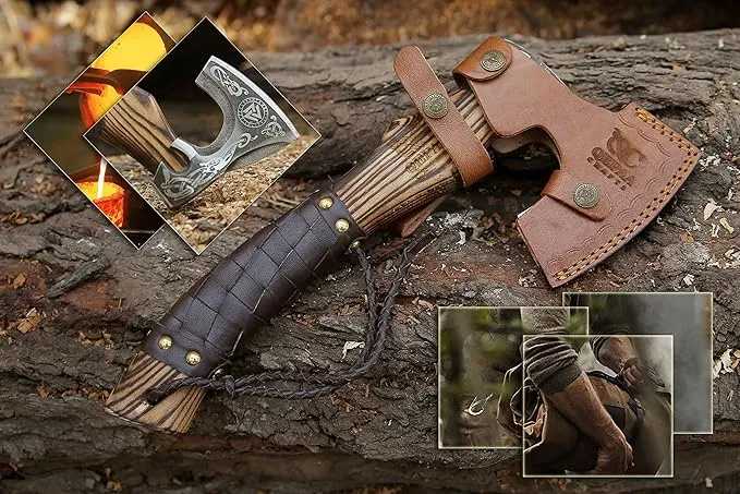 13” Inch Hand-Forged Viking Axe- Ash Wood Handle Hatchets and Axes with Leather Wrap, Wood Splitting Axe, Camping Axe, Throwing Axes and Tomahawks - Gift for Him (Valknut)