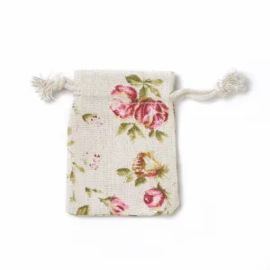 20 pc Burlap Packing Pouches, Drawstring Bags, Rectangle with Rose Pattern, Colorful, 8.7~9x7~7.2cm