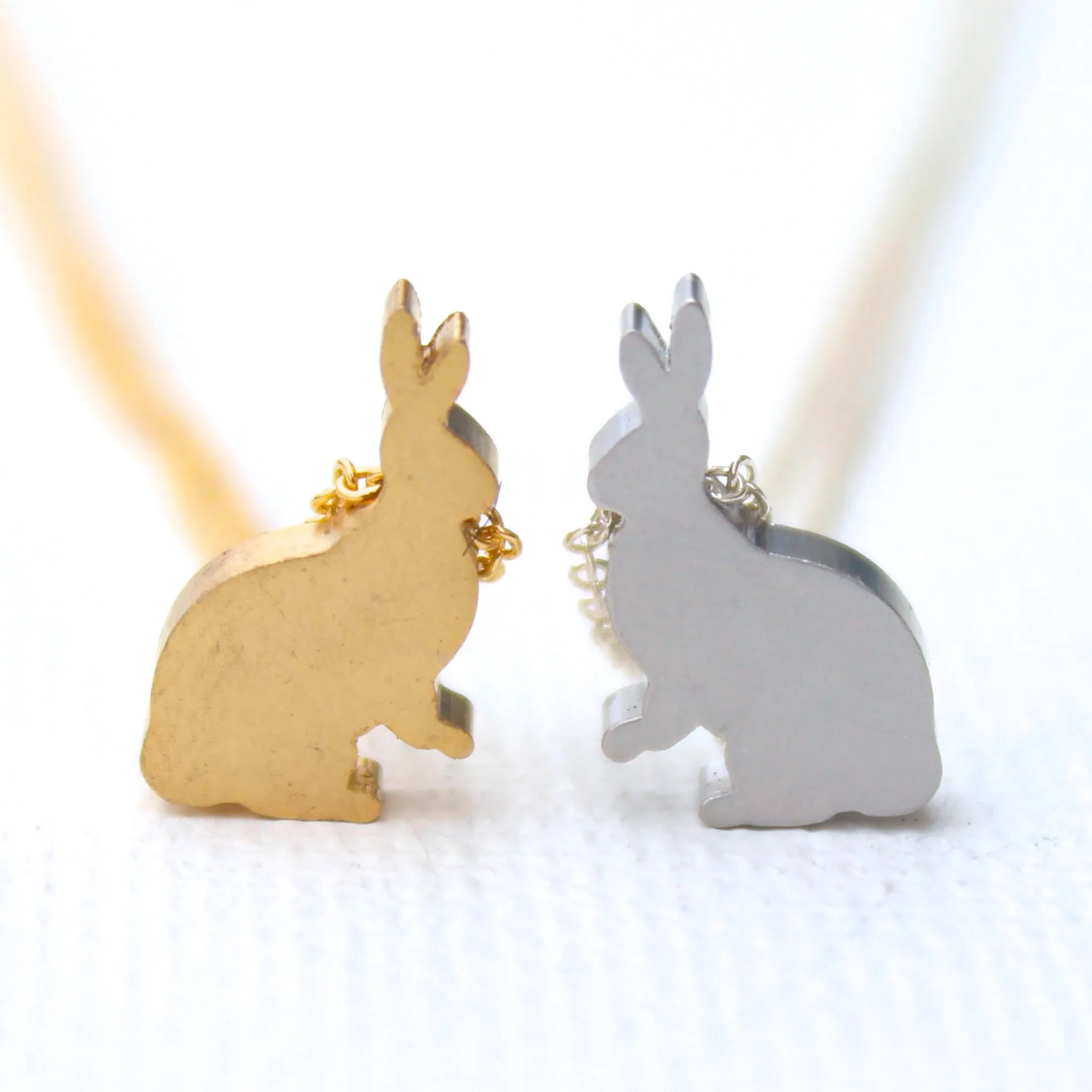 3D Bunny Rabbit Necklaces - 18k Gold and Rhodium Charm Necklaces