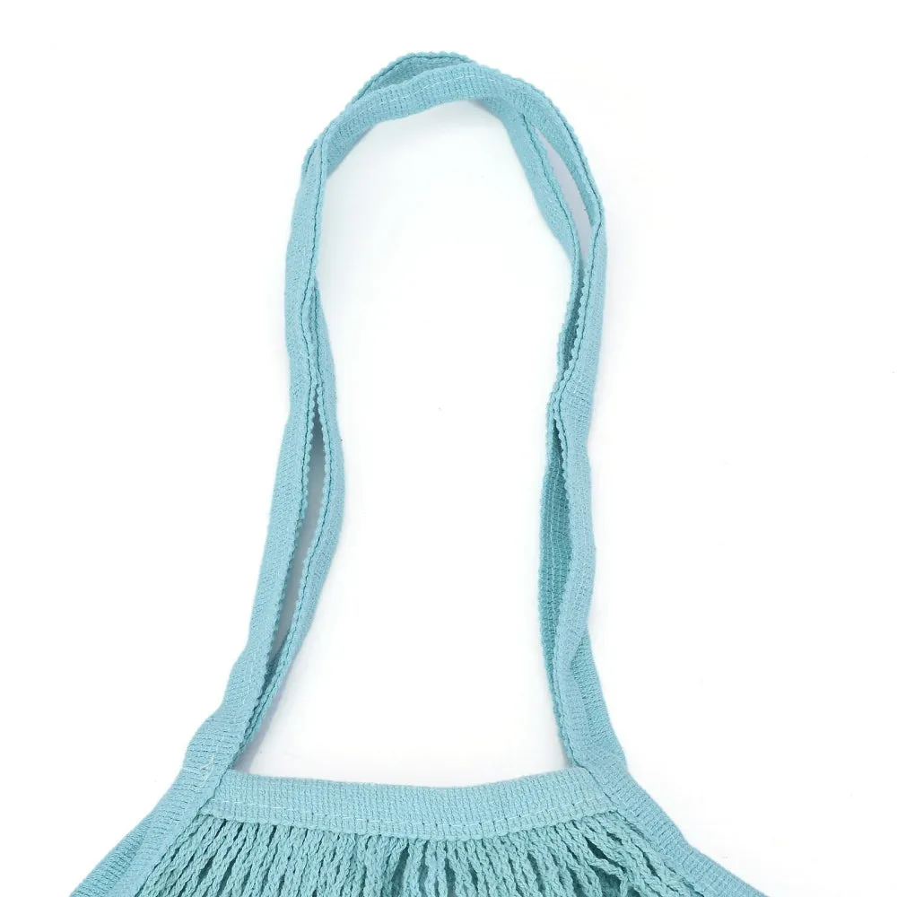 5 pc Portable Cotton Mesh Grocery Bags, Reusable Net Shopping Handbag, Light Blue, 58.05cm, Bag: 35x38x1.8cm.