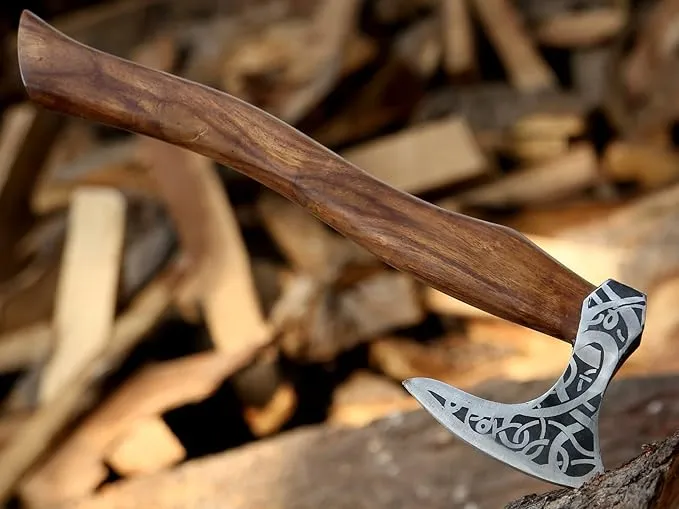 Ad&sons Axe, Custom Gift Forged Carbon Steel Viking Axe with Rose Wood Shaft, Viking Bearded Camping Axe - 18 in Ax