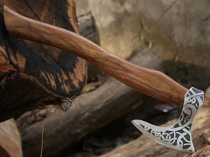 Ad&sons Axe, Custom Gift Forged Carbon Steel Viking Axe with Rose Wood Shaft, Viking Bearded Camping Axe - 18 in Ax