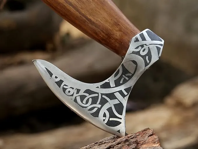 Ad&sons Axe, Custom Gift Forged Carbon Steel Viking Axe with Rose Wood Shaft, Viking Bearded Camping Axe - 18 in Ax