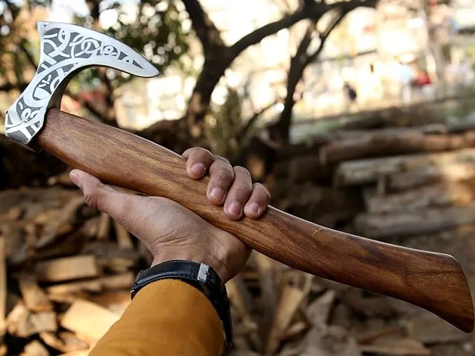 Ad&sons Axe, Custom Gift Forged Carbon Steel Viking Axe with Rose Wood Shaft, Viking Bearded Camping Axe - 18 in Ax