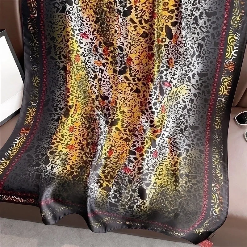Adults French Style Modern Style Leopard Satin Printing Silk Scarf Shawl