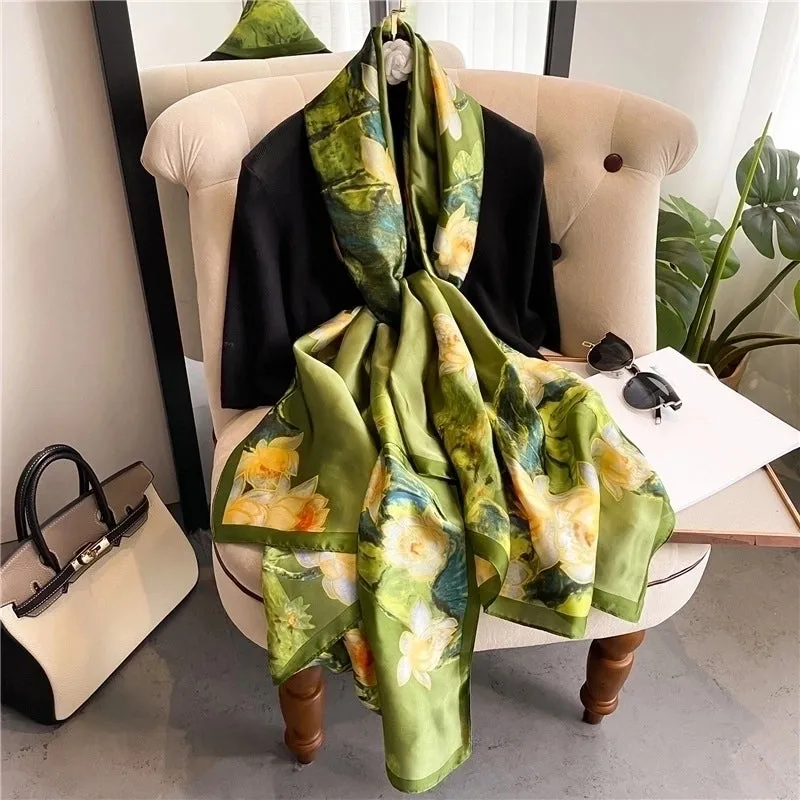 Adults French Style Modern Style Leopard Satin Printing Silk Scarf Shawl