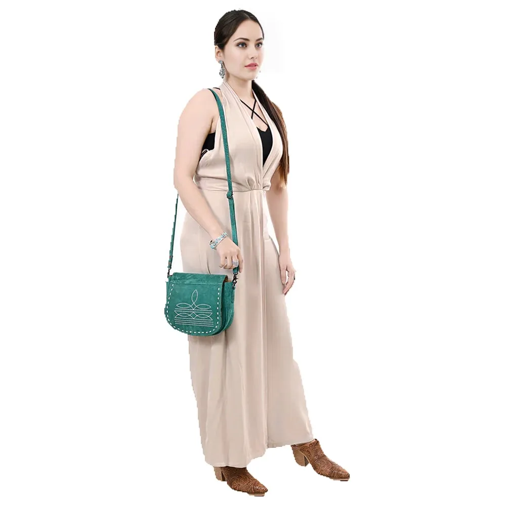 American Darling Turquoise Roughout Boot Stitch Leather Crossbody
