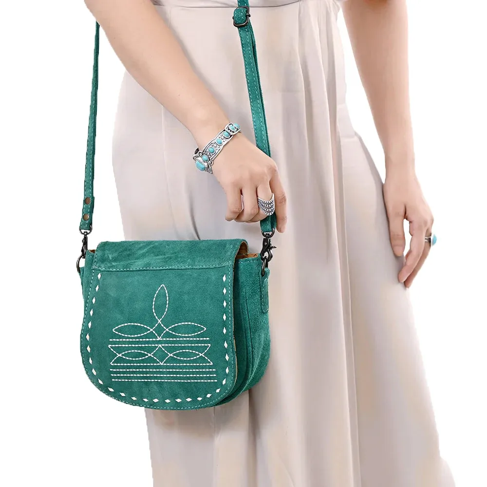 American Darling Turquoise Roughout Boot Stitch Leather Crossbody