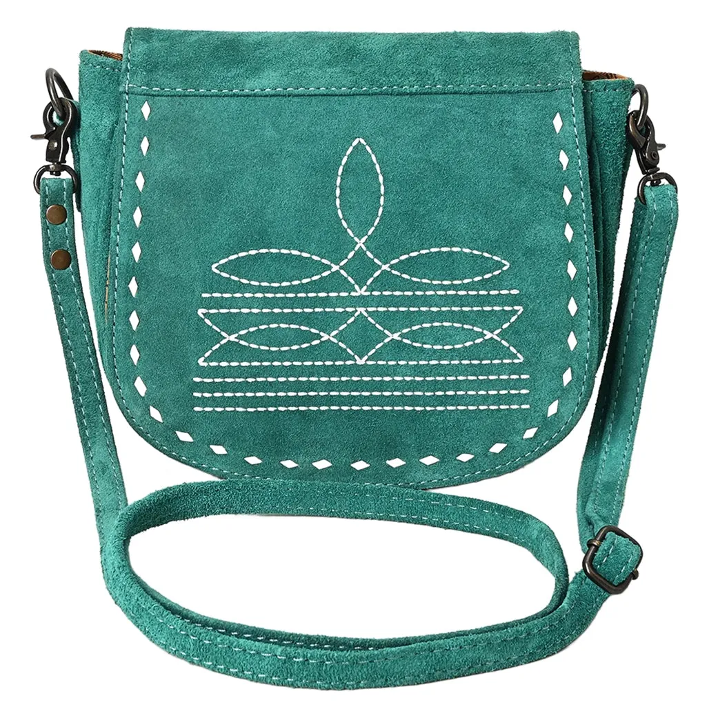 American Darling Turquoise Roughout Boot Stitch Leather Crossbody
