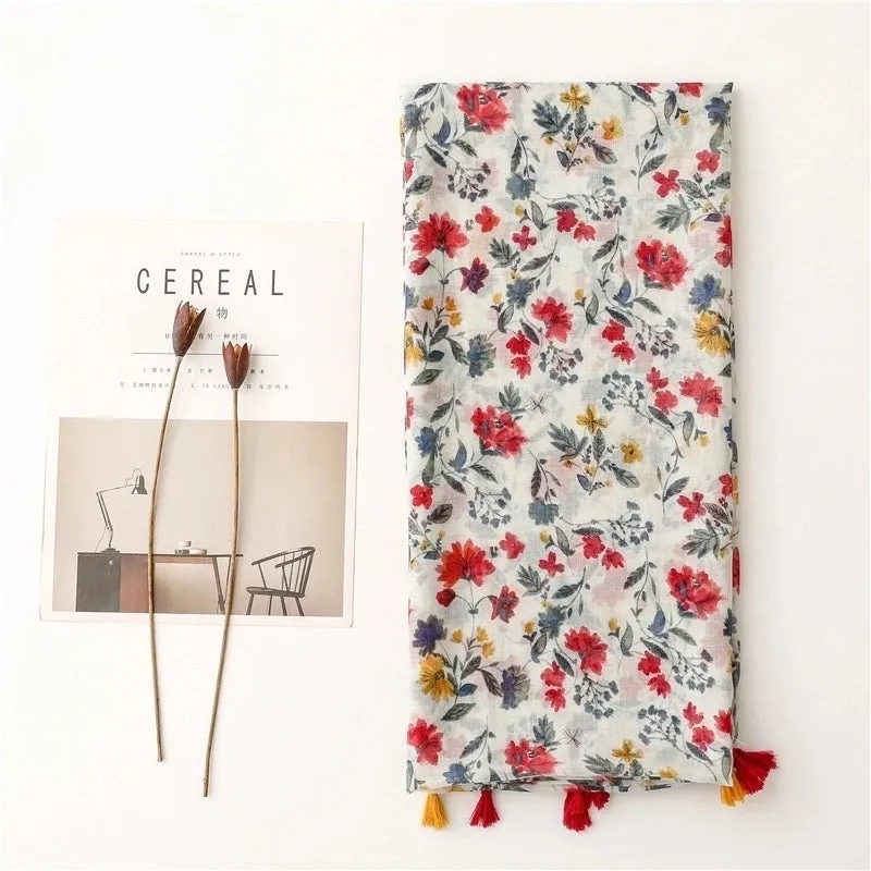 Balinese Yarn Cotton White Background Red Flower Tassel Scarf Shawl