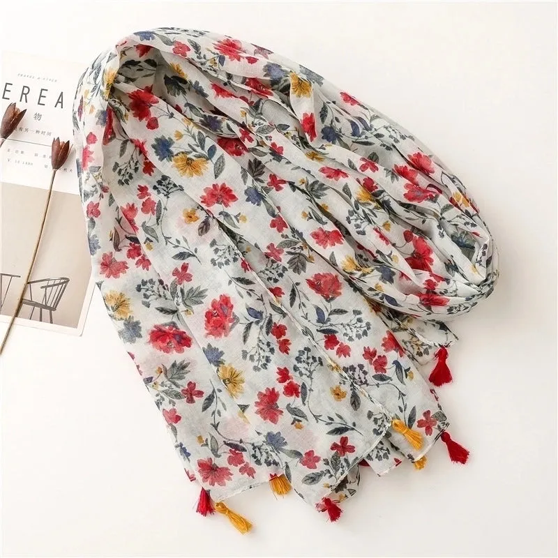 Balinese Yarn Cotton White Background Red Flower Tassel Scarf Shawl