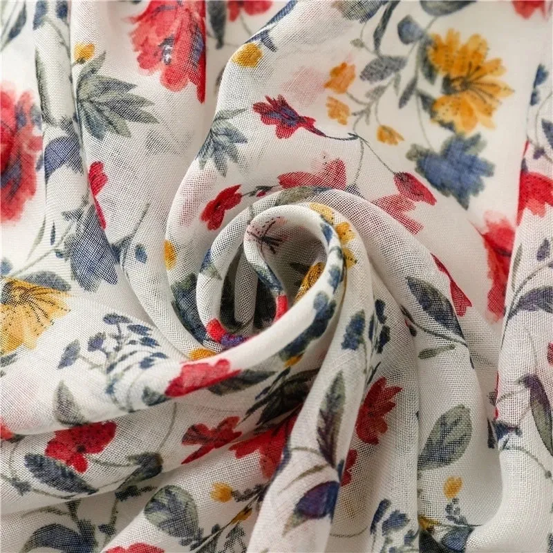 Balinese Yarn Cotton White Background Red Flower Tassel Scarf Shawl