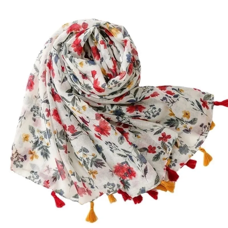 Balinese Yarn Cotton White Background Red Flower Tassel Scarf Shawl