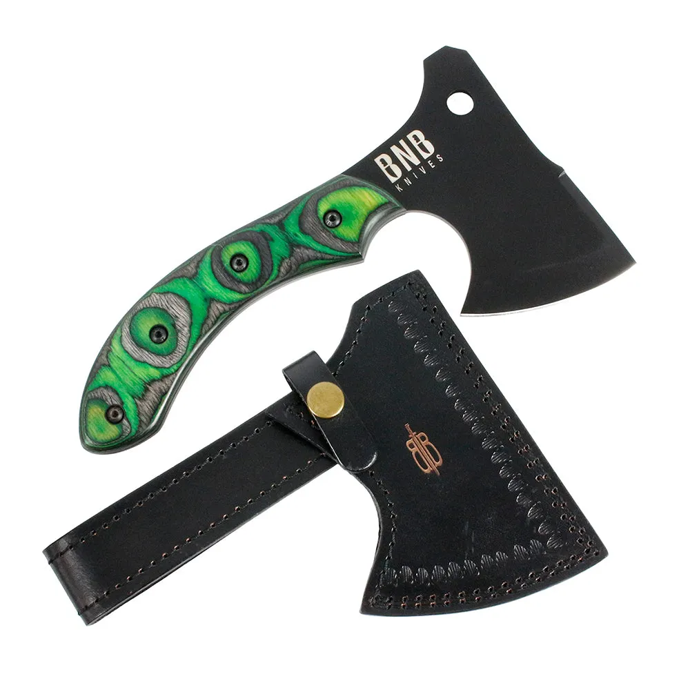 BNB Knives Tactical Army Pack Hatchet Green Maple Burl Handle Leather Sheath
