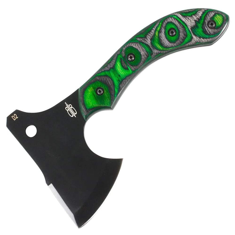 BNB Knives Tactical Army Pack Hatchet Green Maple Burl Handle Leather Sheath