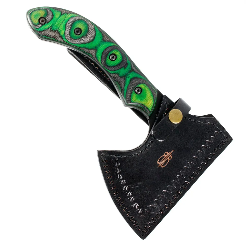 BNB Knives Tactical Army Pack Hatchet Green Maple Burl Handle Leather Sheath