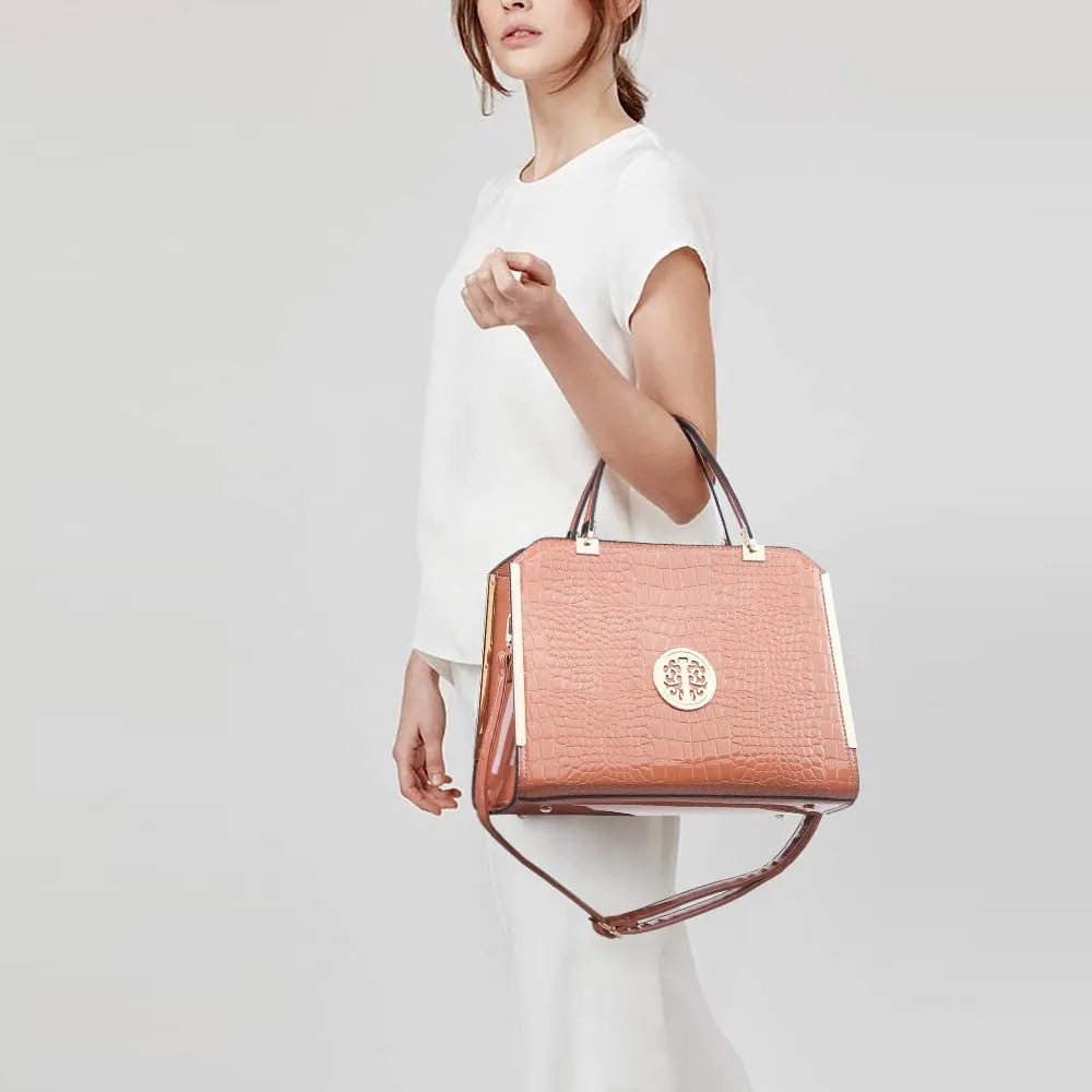Croco Beige Large Satchel Handbag With Matching Wallet