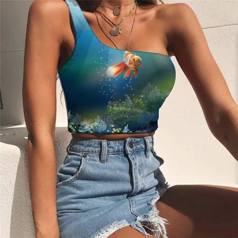 Fish Tank Tops Women Ocean Midriff T shirt Animal Tees Graphic Colorful Sleeveless Shirt