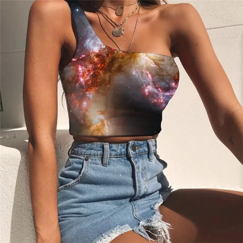 Galaxy Vest Tops Women Space One Shoulder Crop Universe Sleeveless Shirt Nebula Midriff T shirt Colorful Tees Graphic