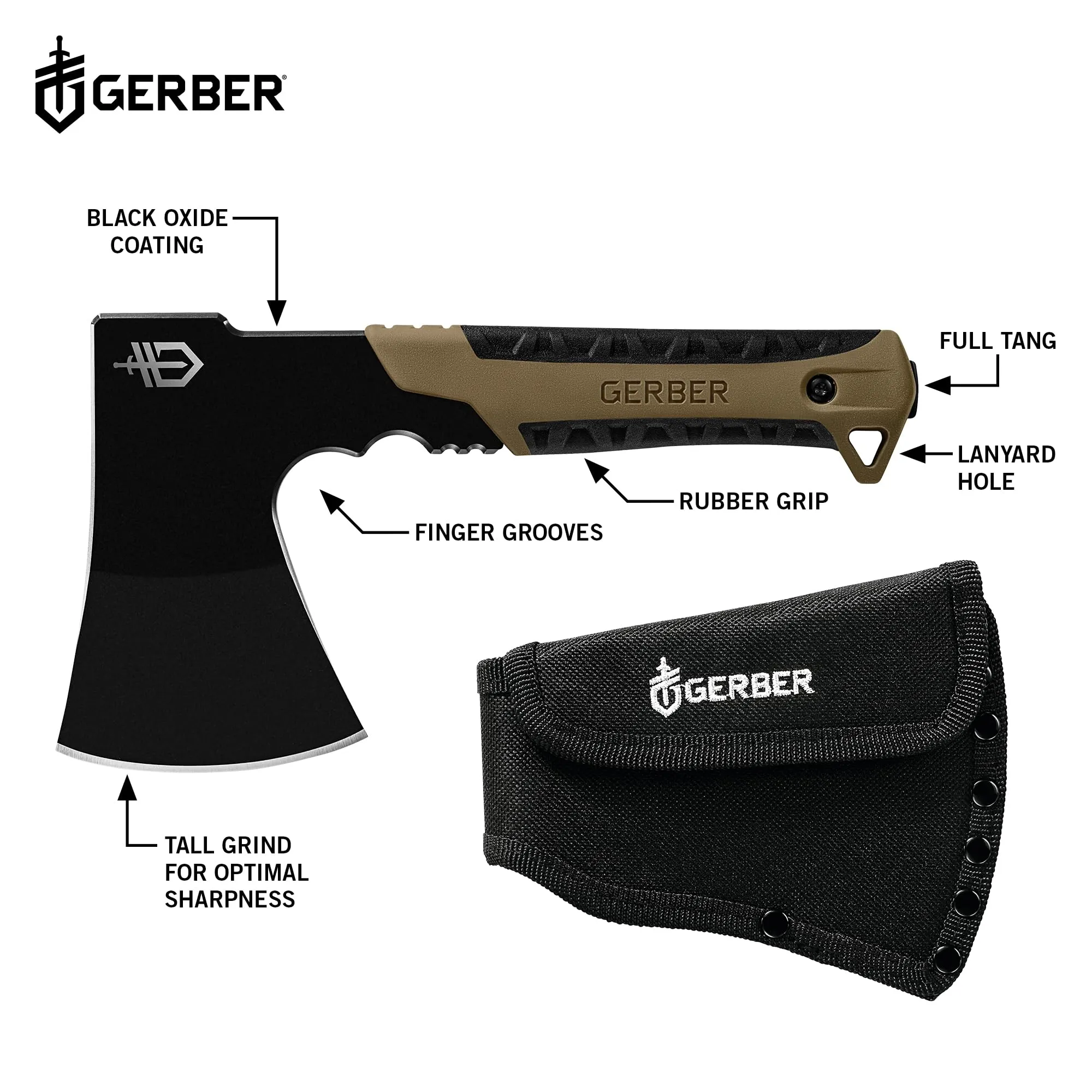 Gerber Gear Pack Hatchet - 3.5" Steel Blade Axe with Full Tang - Survival, Bushcraft and Camping Gear - with Mountable Nylon Sheath - Brown