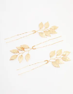 Gold Metal Leaf Hair Pin 3-Pack