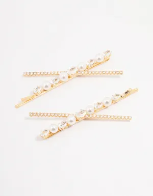 Gold Pearl & Crystal Cross Hair Clip 2-Pack
