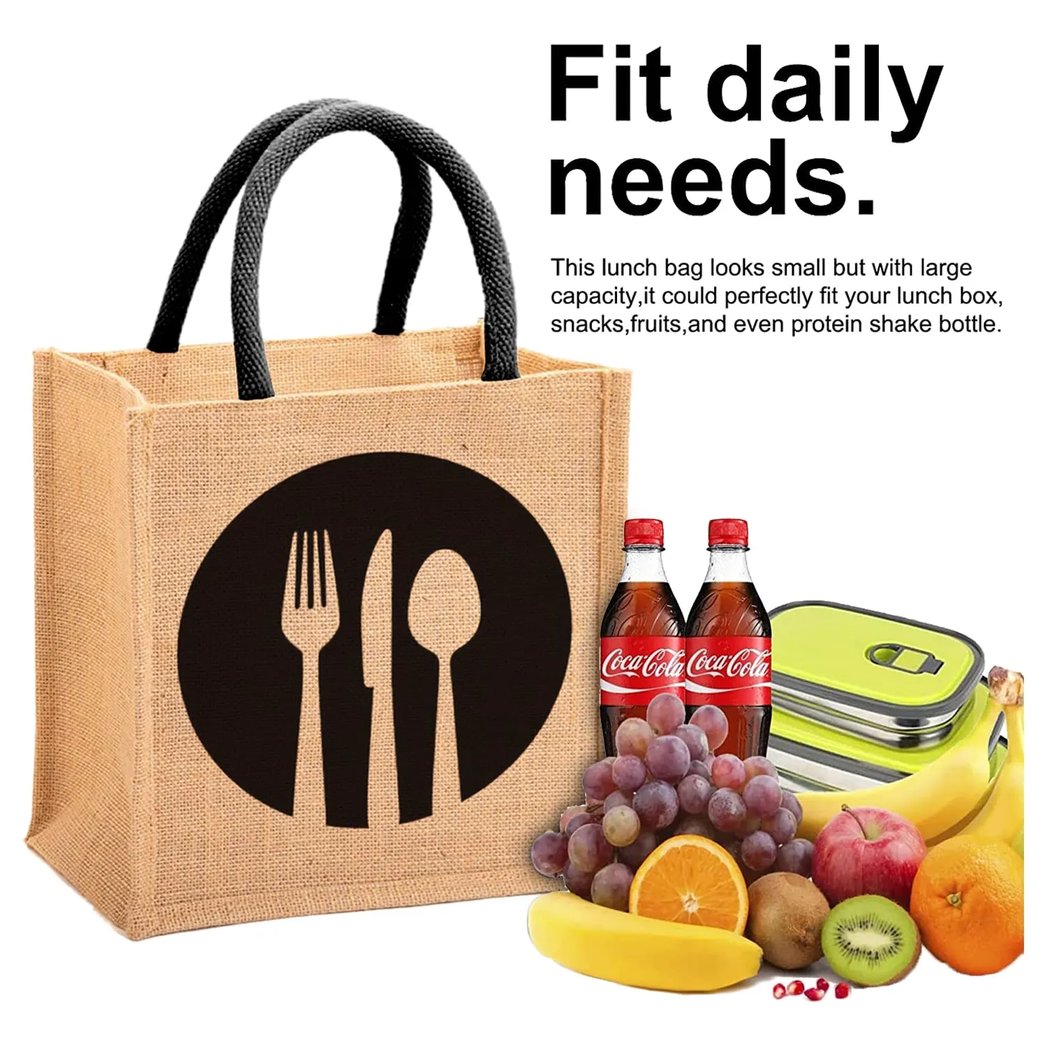 Heart Home Fork Knife Print Jute Reusable Eco-Friendly Hand Bag/Grocery Bag For Man, Woman With Handle Pack Of 2 (Black and Red) 54HH4359.