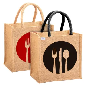 Heart Home Fork Knife Print Jute Reusable Eco-Friendly Hand Bag/Grocery Bag For Man, Woman With Handle Pack Of 2 (Black and Red) 54HH4359.
