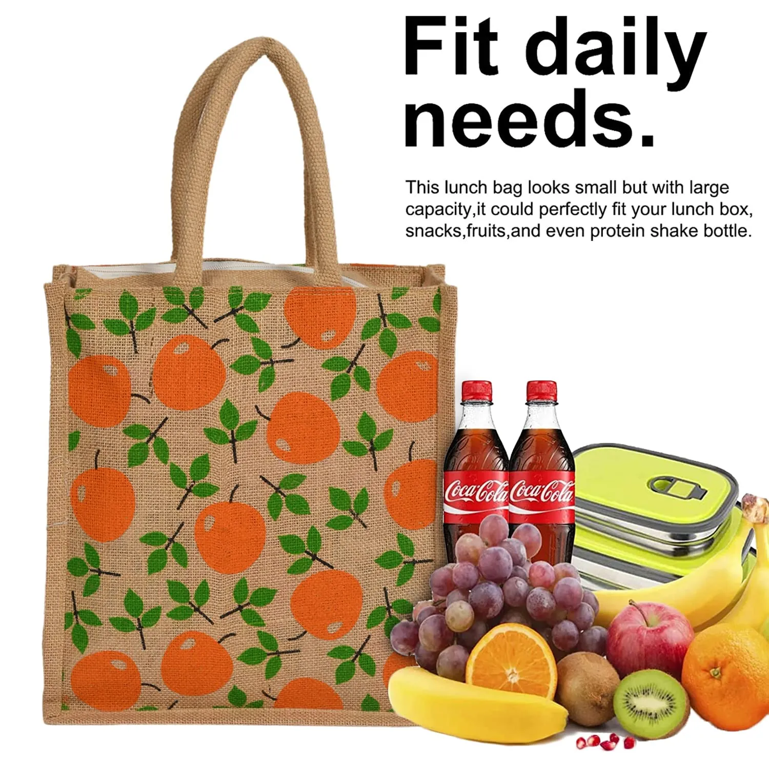 Heart Home Fruits Print Jute Reusable Eco-Friendly Hand Bag/Grocery Bag For Man, Woman With Handle Pack Of 2 (Orange) 54HH4363.
