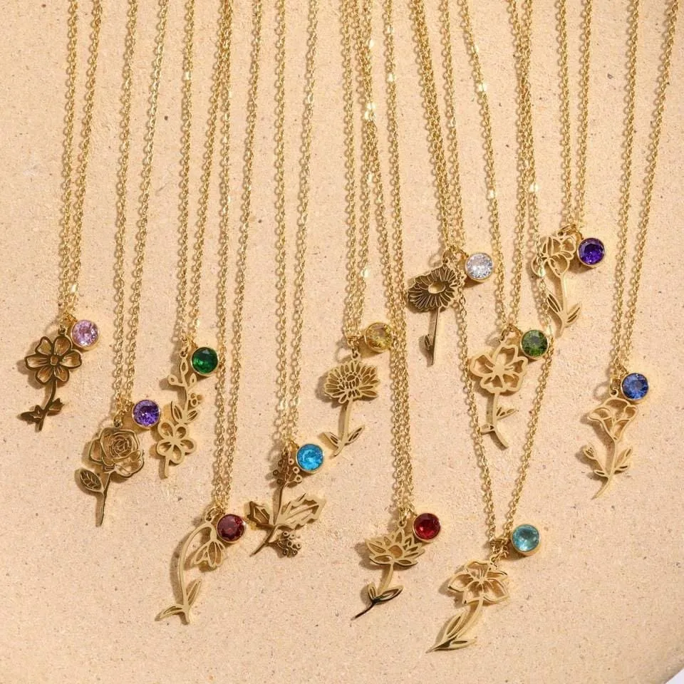 JULY Birth Flower Necklace | Gold Plated Birthstone Necklace | Gifts for Her | Custom Flower Necklace | Charm Necklace | Women's Gift