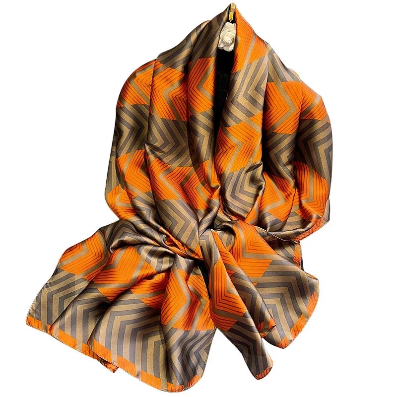 Korean Spring And Autumn Thin Stitching Striped Arrow Simulation Silk Large Long Shawl