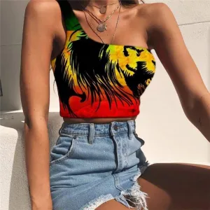 Lion Tank Tops Women Animal Tees Graphic Anime One Shoulder Crop Colorful Sleeveless Shirt Street Midriff T shirt