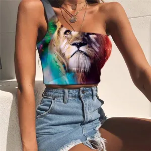 Lion Vest Tops Women Animal One Shoulder Crop Anime Midriff T shirt Colorful Tees Graphic Nebula Sleeveless Shirt