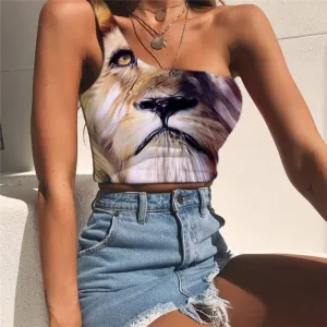 Lion Vest Tops Women Animal One Shoulder Crop Anime Tees Graphic Colorful Midriff T shirt Nebula Sleeveless Shirt