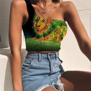 Lion Vest Tops Women Animal One Shoulder Crop Anime Tees Graphic Colorful Midriff T shirt Painting Sleeveless Shirt