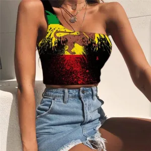 Lion Vest Tops Women Animal One Shoulder Crop Anime Tees Graphic Rock Sleeveless Shirt Colorful Midriff T shirt