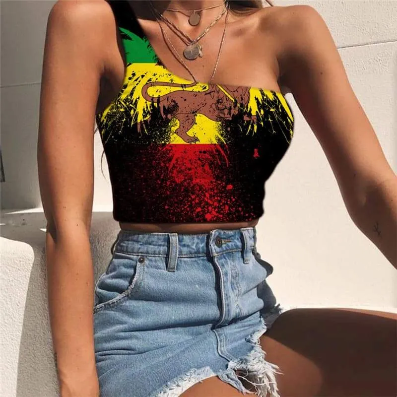 Lion Vest Tops Women Animal One Shoulder Crop Anime Tees Graphic Rock Sleeveless Shirt Colorful Midriff T shirt
