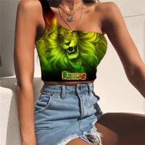 Lion Vest Tops Women Animal Sleeveless Shirt Anime One Shoulder Crop Colorful Midriff T shirt Green Tees Graphic